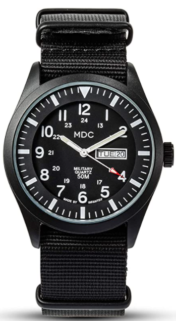 A black military analog watch with a silver outside and a black canvas band - unique gift ideas for men.