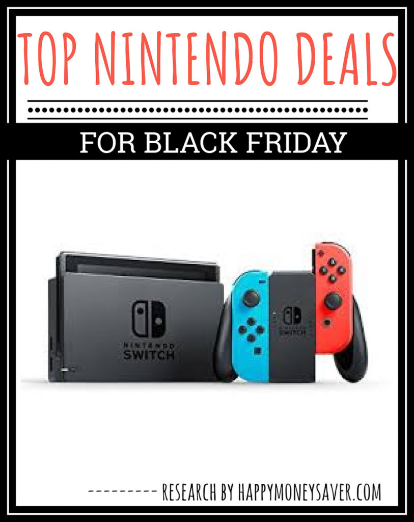 Nintendo switch on white background with words top nintendo deals. 