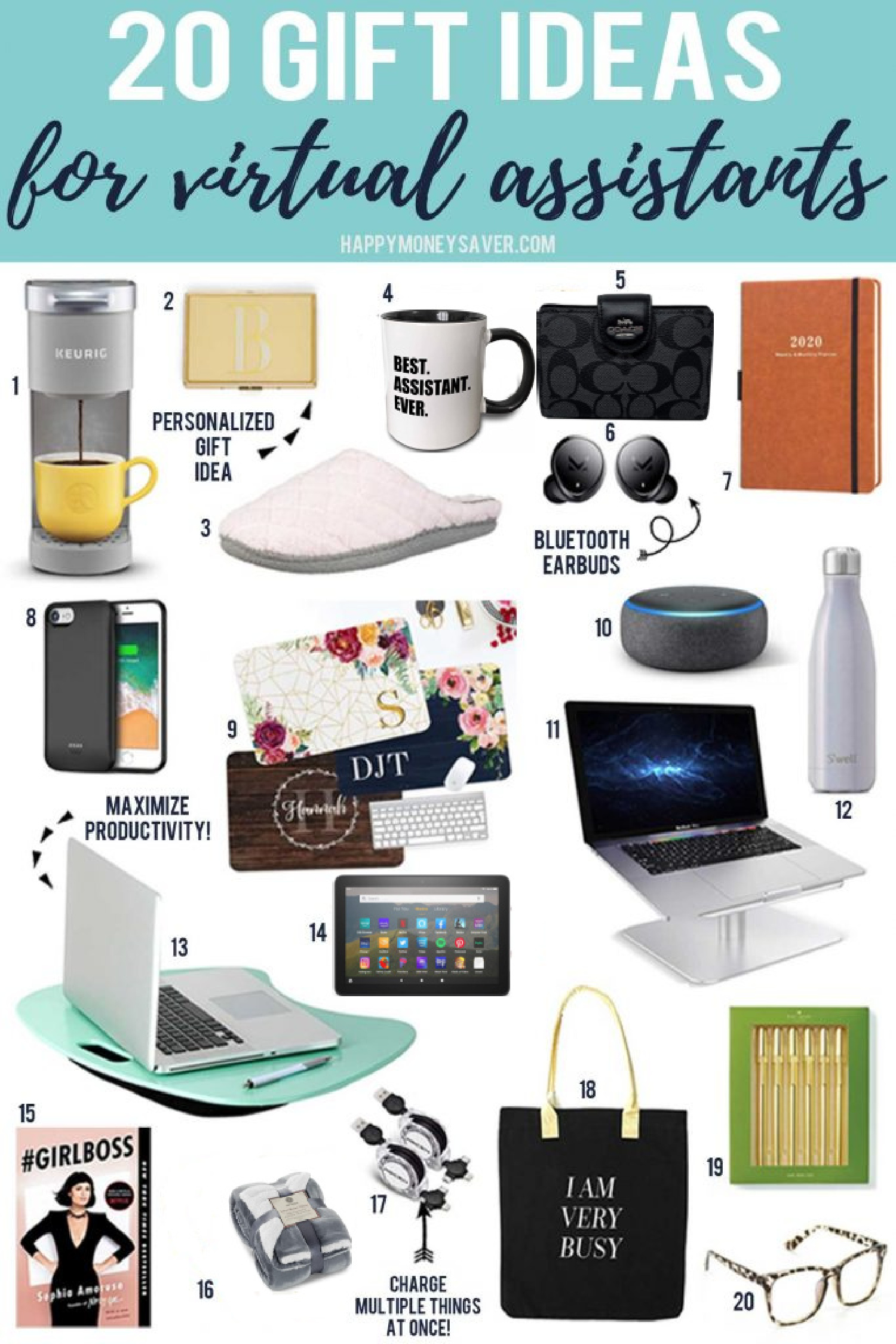 20 Gift Ideas For Virtual Assistants by happymoneysaver.com words with pictures of each item numbered 1-20.
