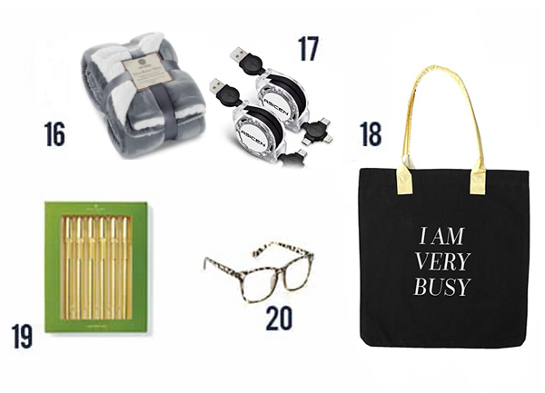 20 Gift Ideas for VA's - items 16-20 such as blanket, gold pens, glasses for computer use and tote bag. 