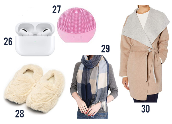 Gift ideas like slippers, scarf, coat and other items for giving to moms.