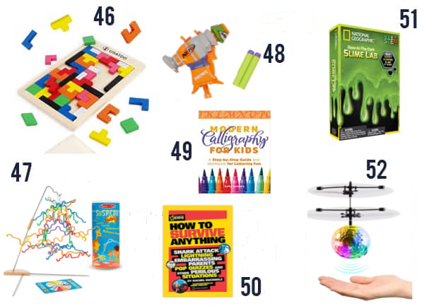 Best cheap gifts for kids under $15 that you'll love. Games and toys numbered 46-52 on white background. 