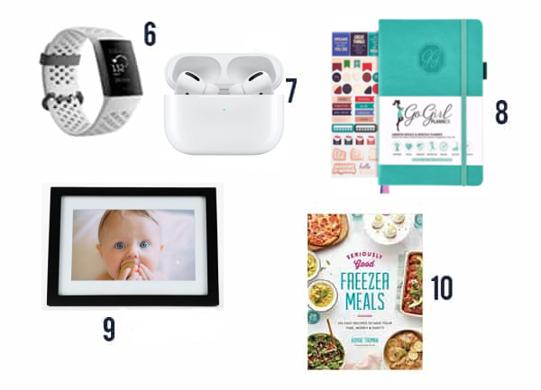 5 gifts for a busy mom including a airpod pros, fitbit, planner, cookbook and digital frame.