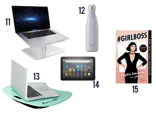 20 Gift Ideas for VA's - items 11-15 such as fire tablet, girl boss book, laptop holder and water bottle. 