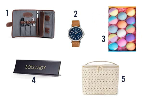 The memorable gifts for your boss like portfolio, watch, soap, desk sign, and tote.