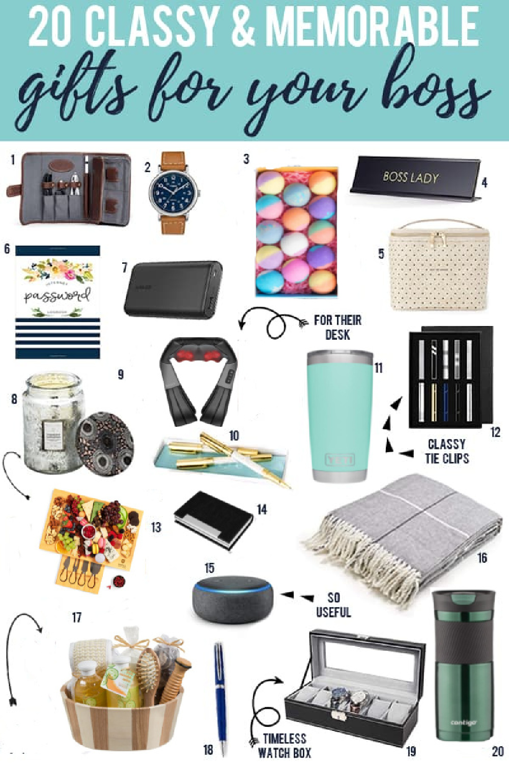 20 Classy White Elephant gifts for your boss with images below of the gifts.