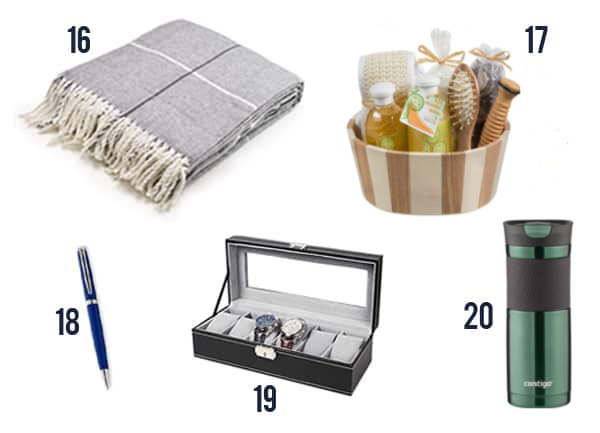 The thoughtful gifts for your boss like blanket, paint by numbers, pen, box, and mug.