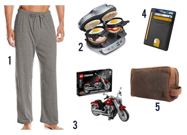27 Cheap Gifts for Men that he'll actually want with images of a wallet, legos and sweatpants.