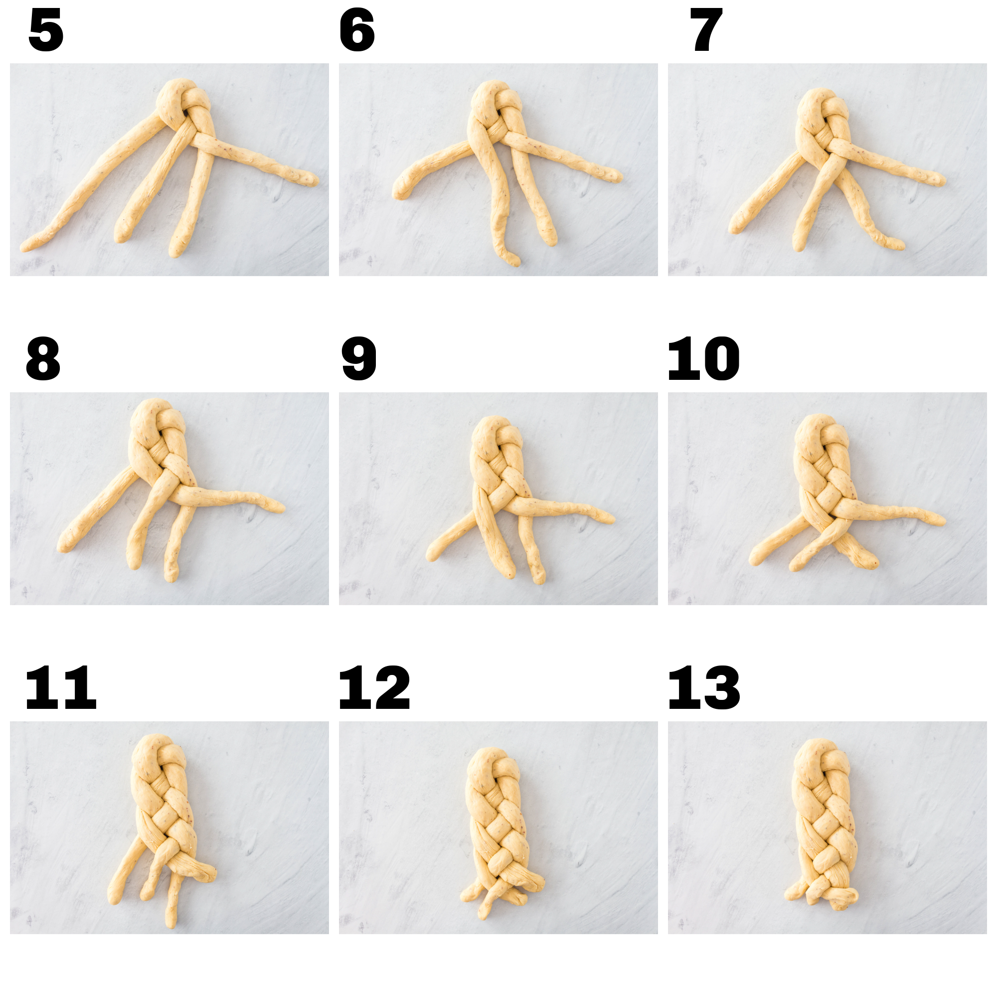 Instructions 5-13 steps on braiding bread.