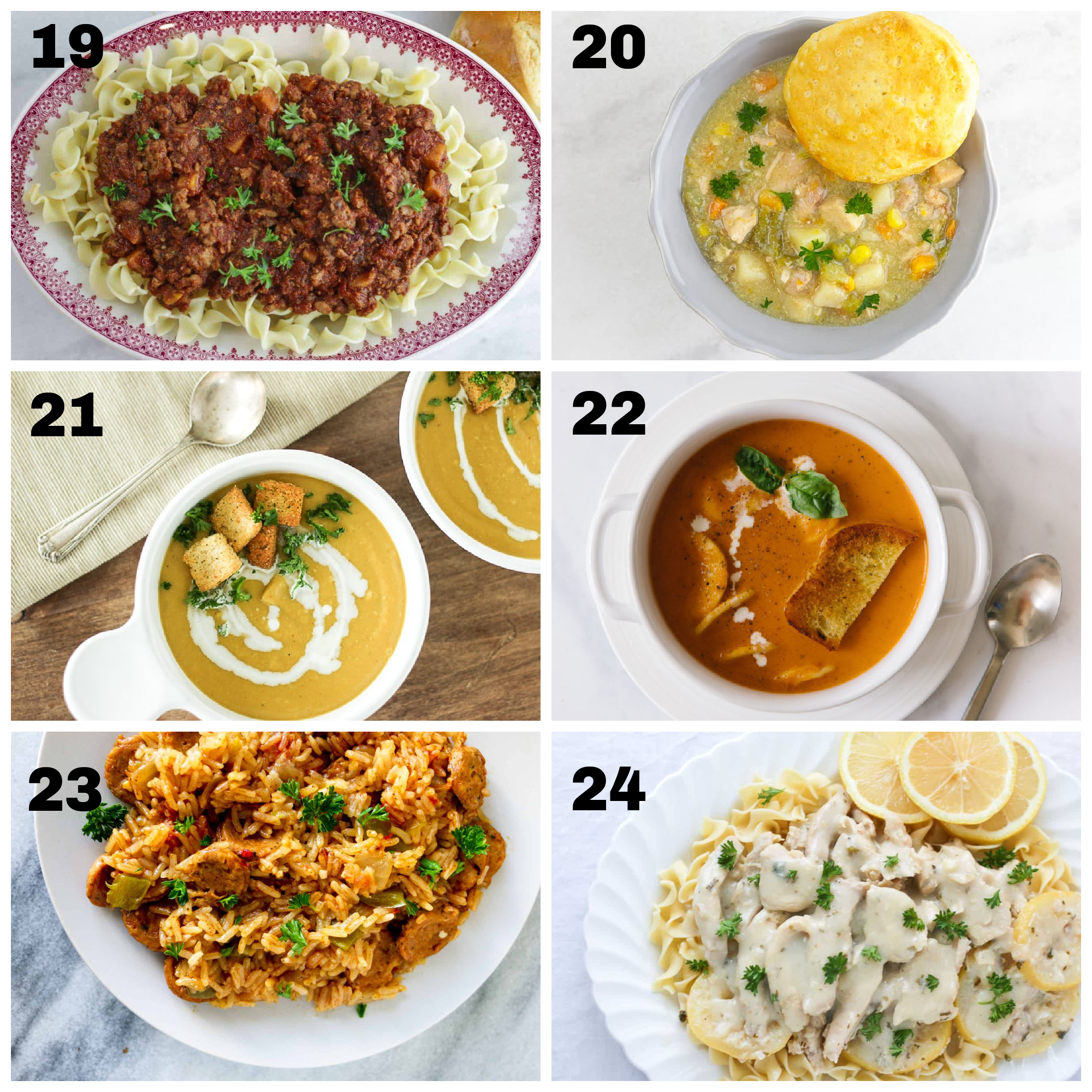 6 completed dinner ideas for instant pot freezer meals labeled 19-24