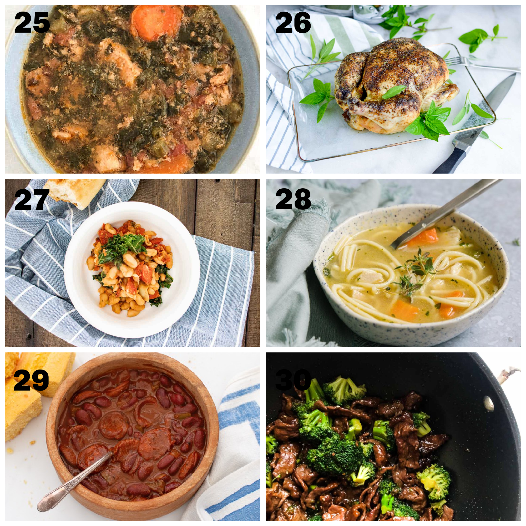 6 completed dinner ideas for make ahead meals under 350 calories labeled 25-30