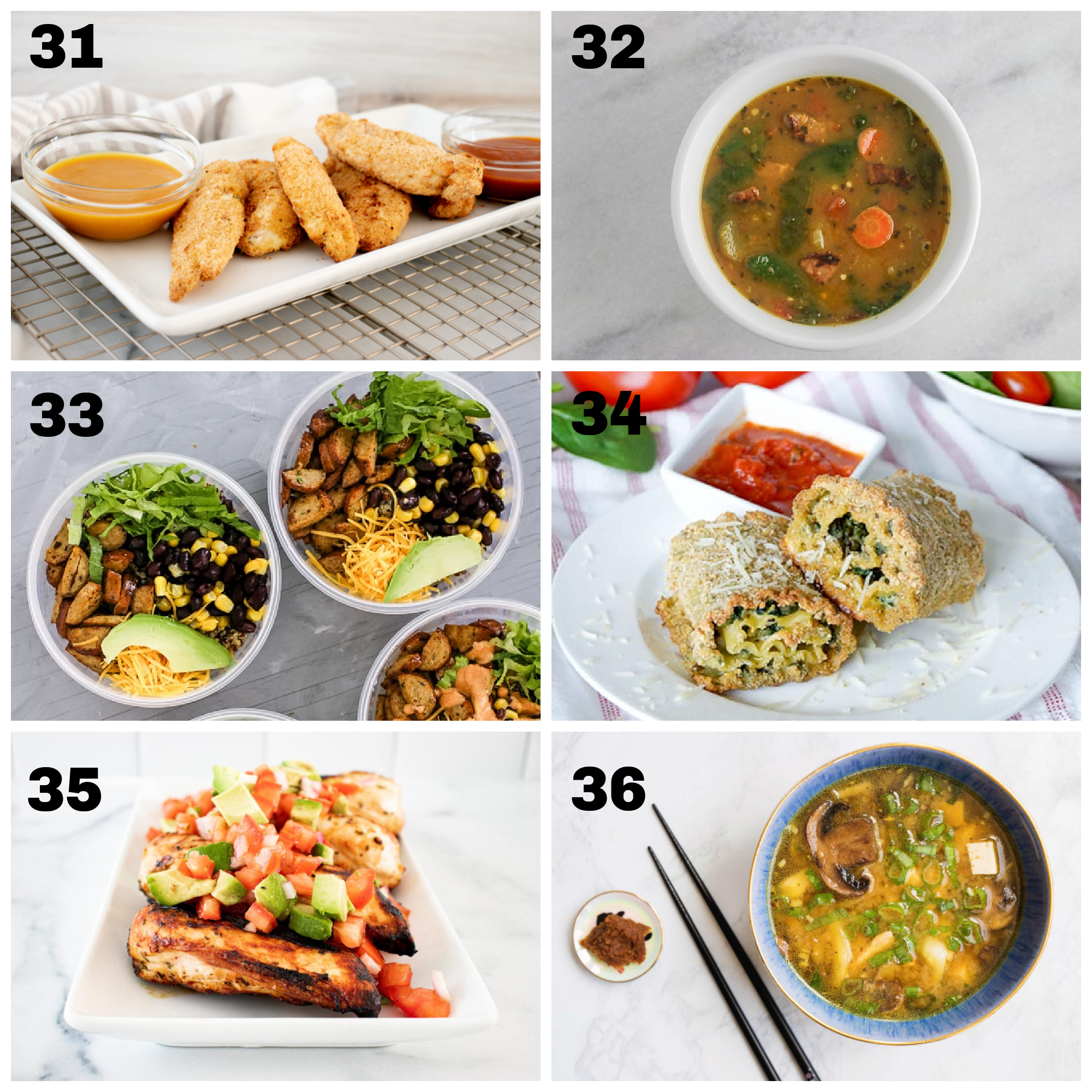 6 completed dinner ideas for making ahead meals under 350 calories labeled 31-36