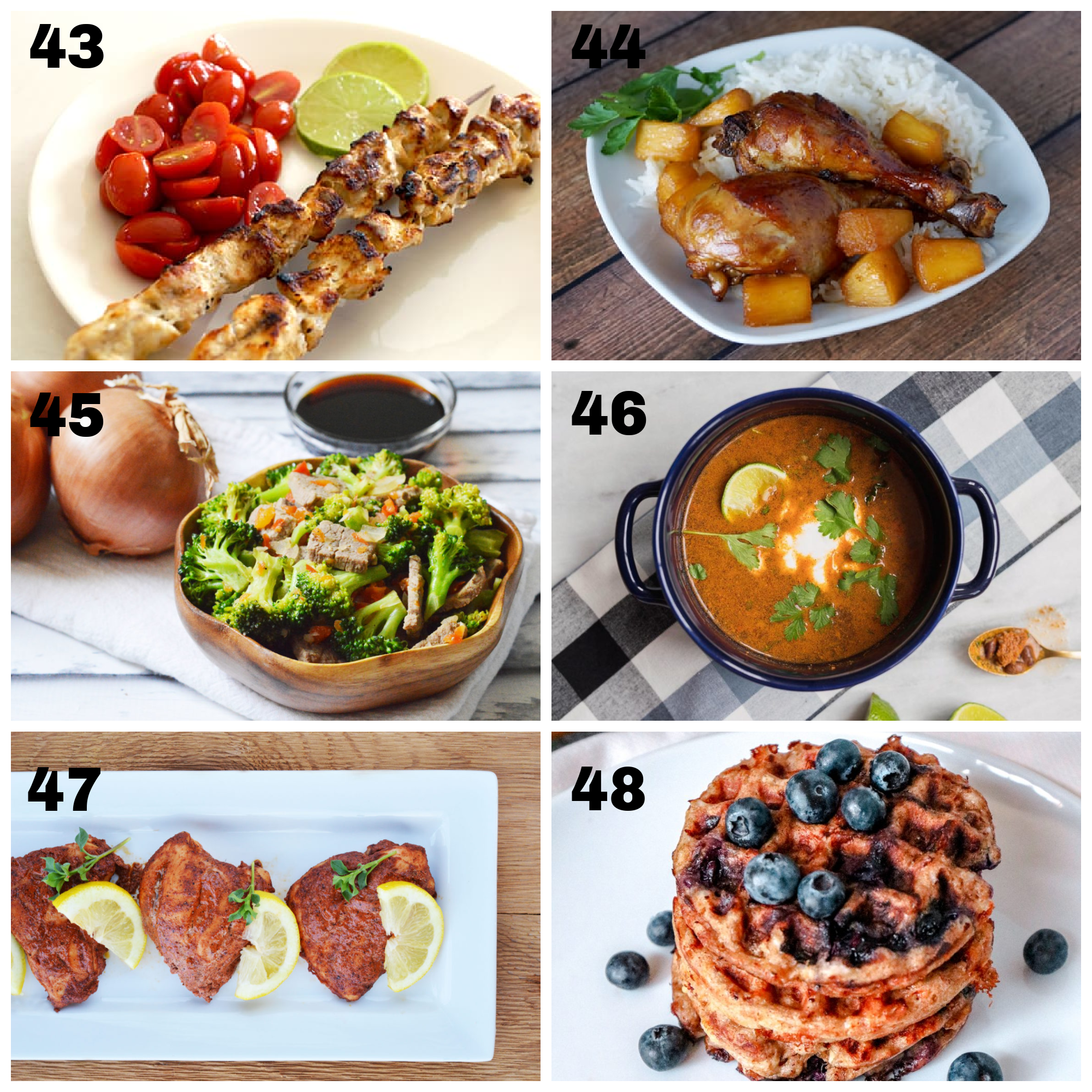 6 completed dinner ideas for low carb make ahead meals labeled 43-48