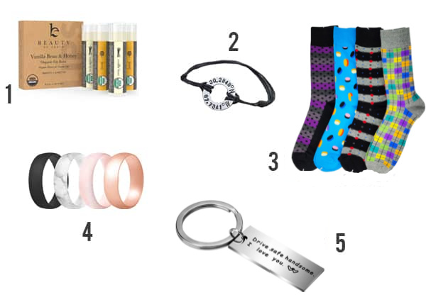 AMAZING Valentine's Gift Ideas to give for Valentine's Day under $10 numbered 1-5 including socks, keychain, rings, Chapstick and a bracelet.