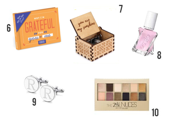 AMAZING Valentine's Gift Ideas to give for Valentine's Day under $10 numbered 6-10 including a music box, book, nail polish, cufflinks and eye shadow.