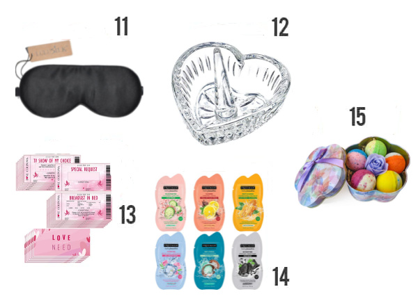 AMAZING Valentine's Gift Ideas to give for Valentine's Day under $10 numbered 11-15 including a mask, ring holder, coupons, masks and bath bombs.