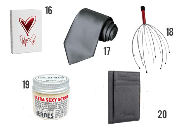 AMAZING Valentine's Gift Ideas to give for Valentine's Day under $10 numbered 15-20 including cards, silk tie, wallet, lip scrub, and scalp massager.