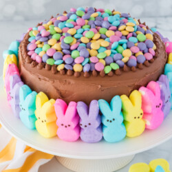 Cake with chocolate frosting, topped with pastel candies and surrounded by colorful Peeps.