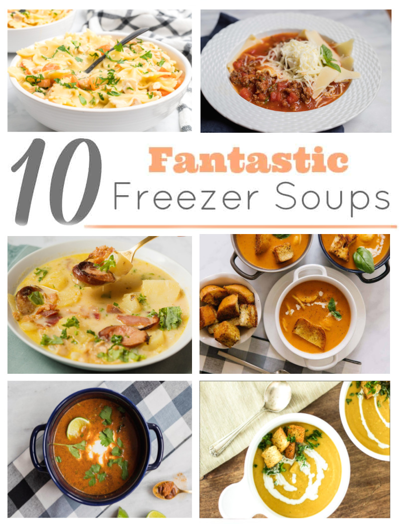 6 soups shown in a block style with the words 10 freezer soups as the title in the middle of the photos.