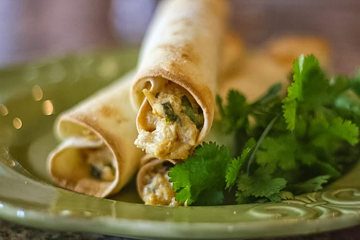 Three taquitos with a chicken mixture and cilantro on a green plate.