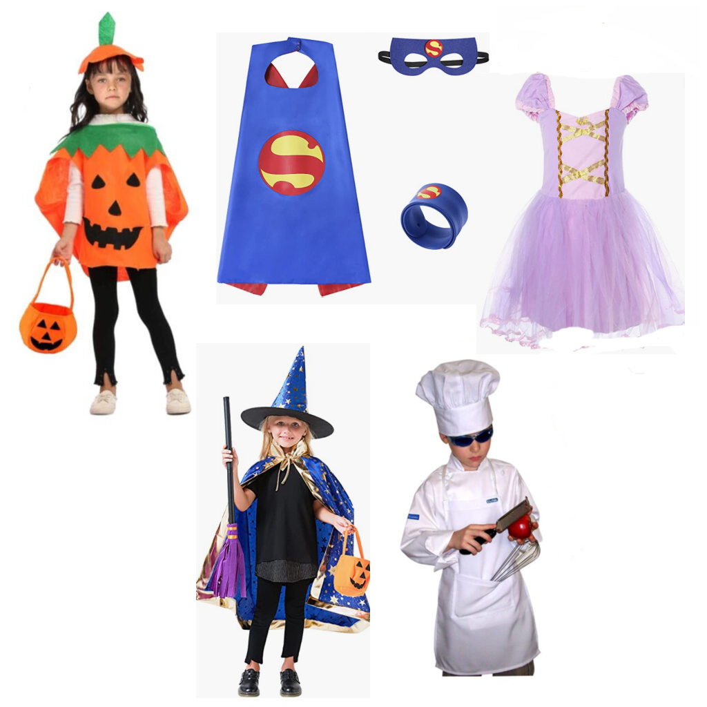 5 Halloween costumes - pumpkin, superman cape, princess dress, witch's cape and chef's costume.