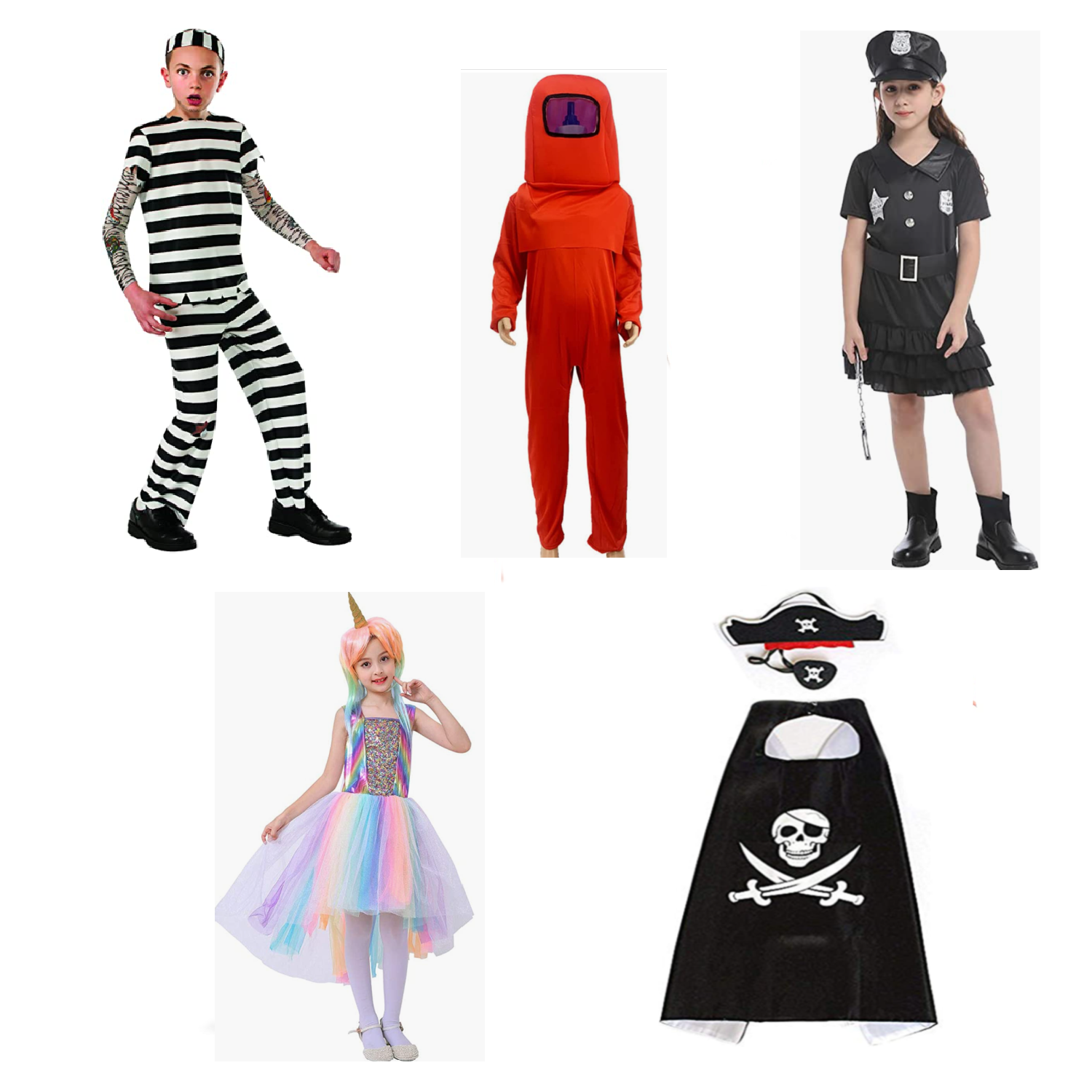 5 Halloween costumes - prisoner, astronaut, cop's dress, rainbow unicorn, and pirate's costume.