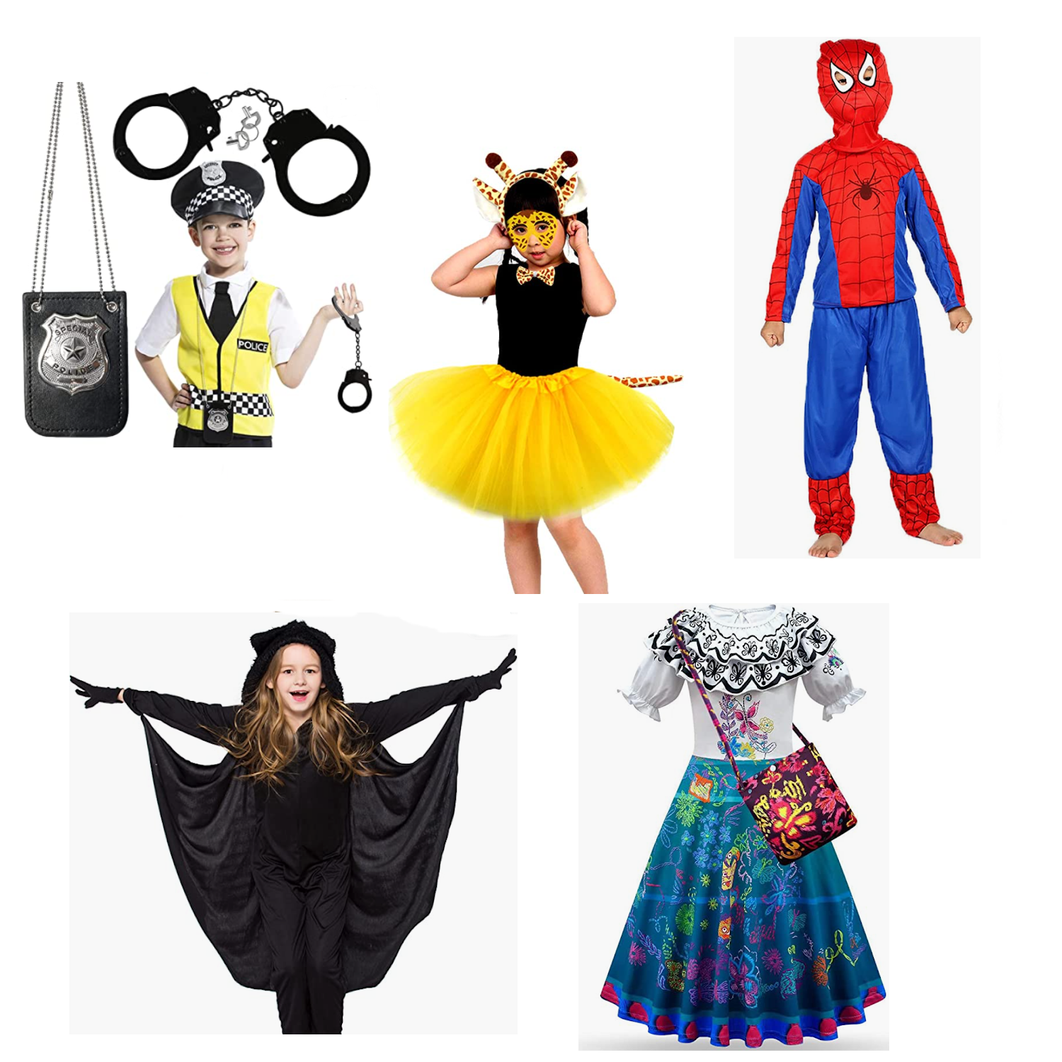 5 Halloween costumes - police officer's costume, giraffe, spiderman, bat's costumer and Mirabel costume.