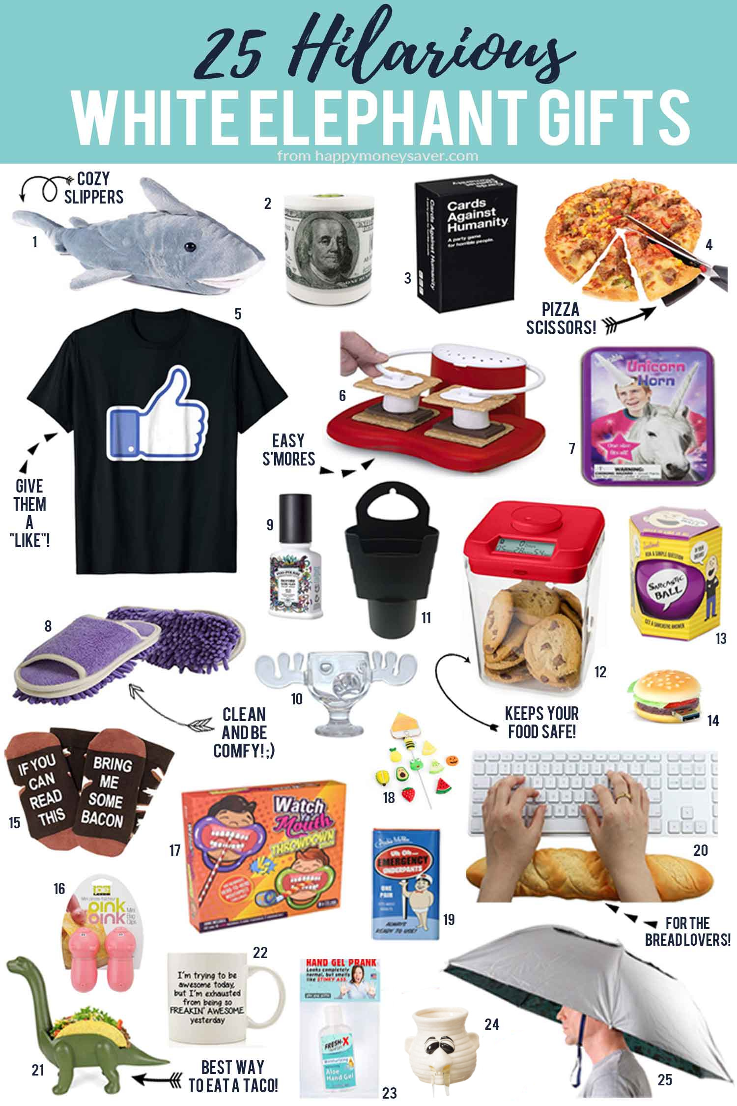 25 Hilarious White Elephant Gifts image with lots of product images each with a corresponding number on it. 