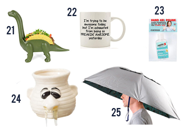 Funny White Elephant Gift Ideas like a taco holder, candle, mug and hats.