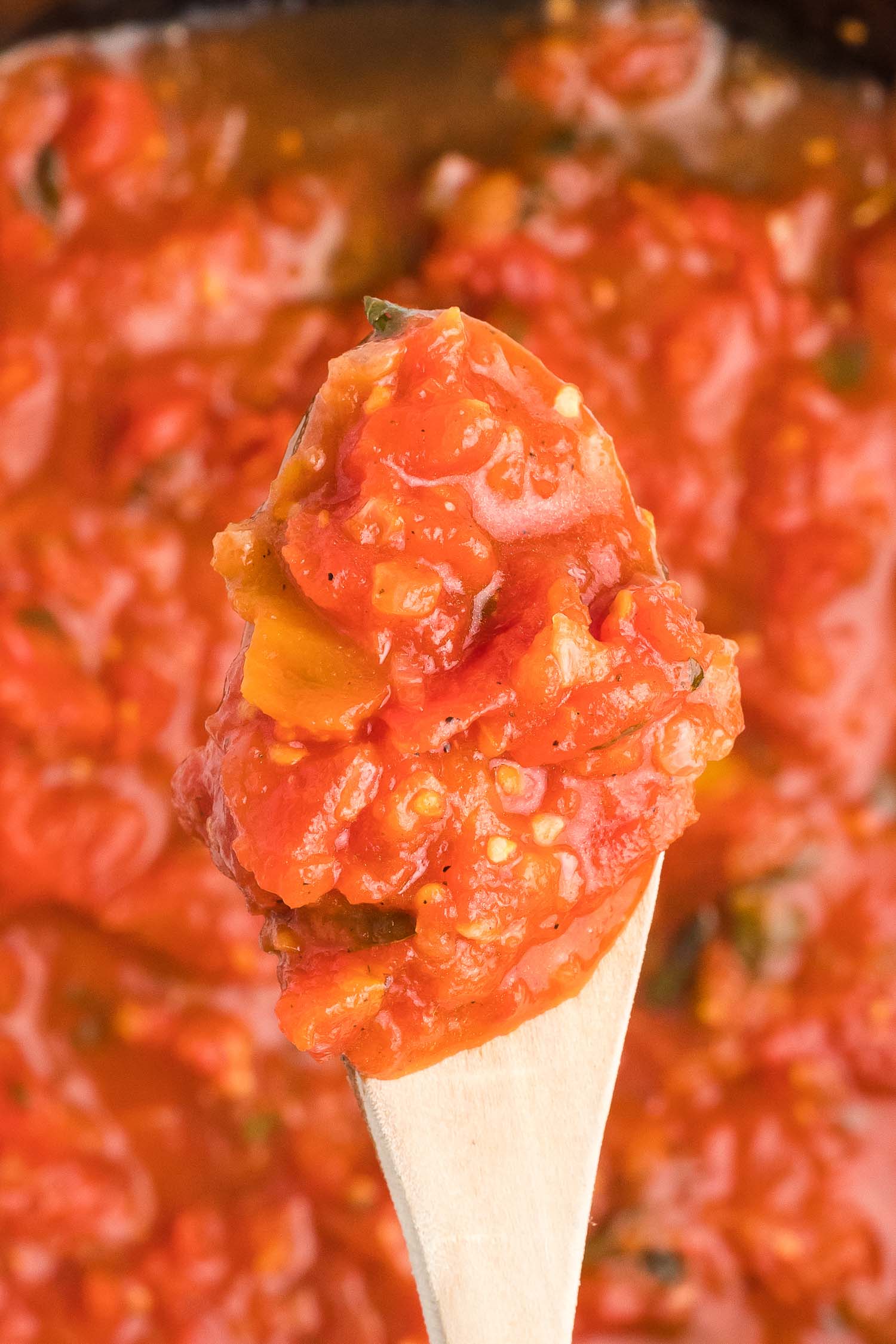 Tomato sauce with a wooden spoon holding some of it up in the front.