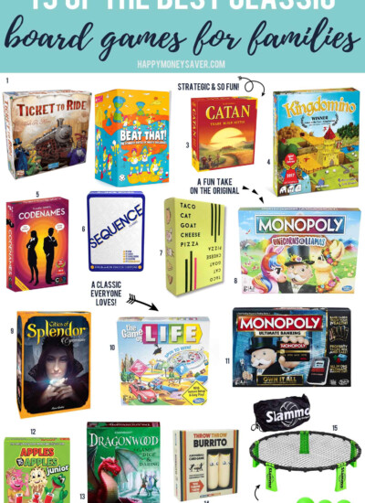 Collage of games with text "15 of the best Classic Board Games for Families."