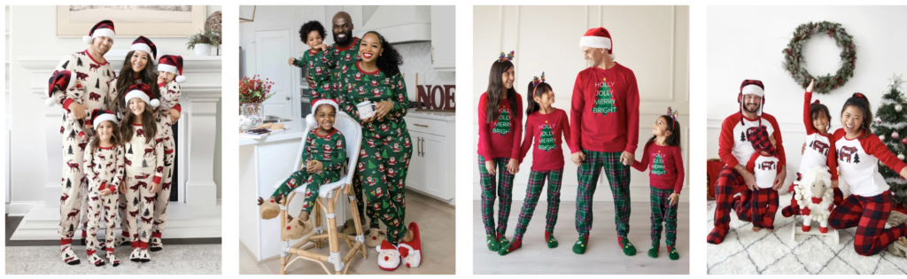 Pictures of families wearing matching Christmas pajamas.