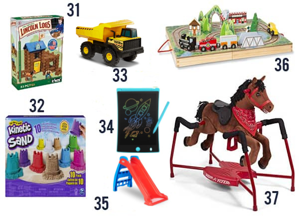 Gift Ideas for a Toddler including Lincoln Logs, ride-on horse, Kinetic Sand and others on a white background. 