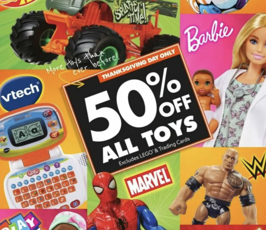 Advertisement with text \"50% off All Toys.\"
