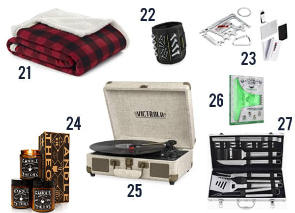 27 Cheap Gifts for Men that he'll actually want with images including blankets, candles and tools.