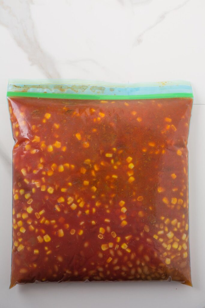 taco soup in a gallon sized freezer meal bag ready to freeze ahead