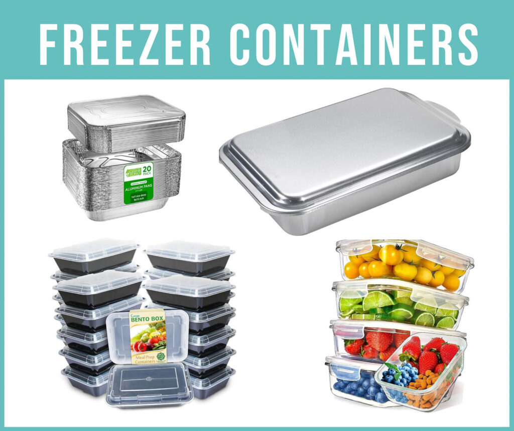 freezer containers including stack of foil pans, a metal baking dish and individual sized glass and plastic meal containers.