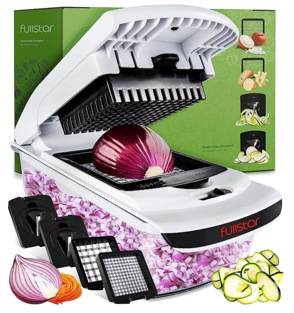 vegetable chopper chopping an onion - one of my favorite freezer meal supplies 