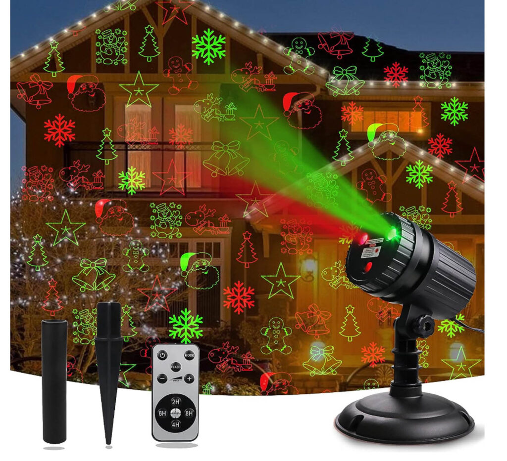 projector christmas lights shining on a house