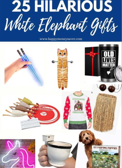 Collage of products with text "25 Hilarious White Elephant Gifts."