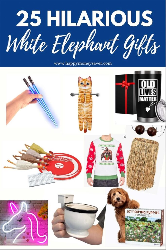 25 Hilarious White Elephant Gift Ideas in white words with blue background and pictured several items for this roundup including lightup chopsticks, pooping puppies puzzle, unicorn neon light, toilet mug and a few others.