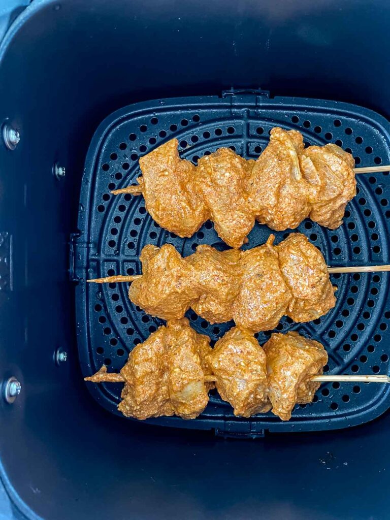 chicken skewers in an air fryer.