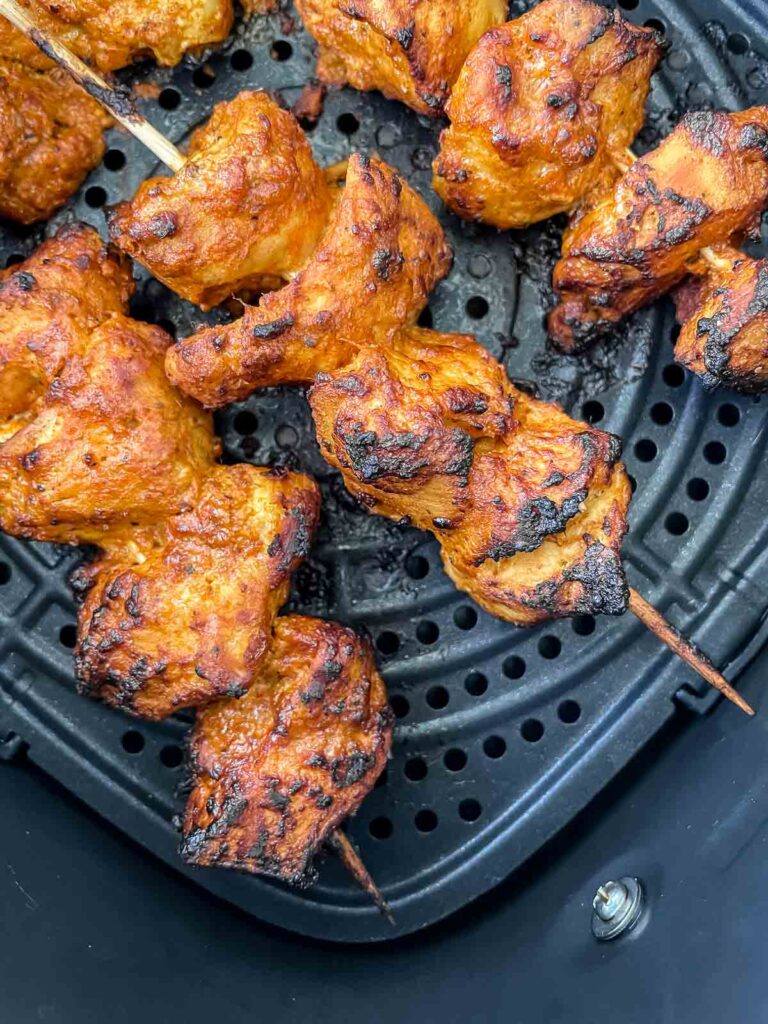 tandoori chicken skewers cooked in an air fryer.