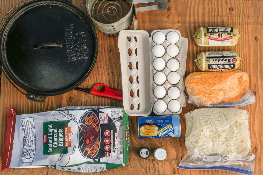 ingredients and equipment to make dutch oven country breakfast.