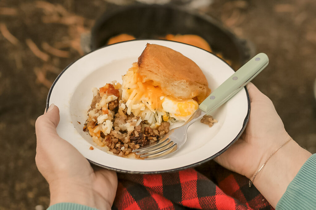 portion of country breakfast in a plate with a fork.