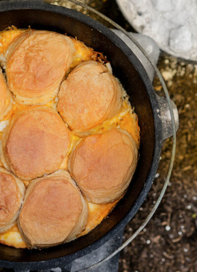 country breakfast cooking in a dutch oven.