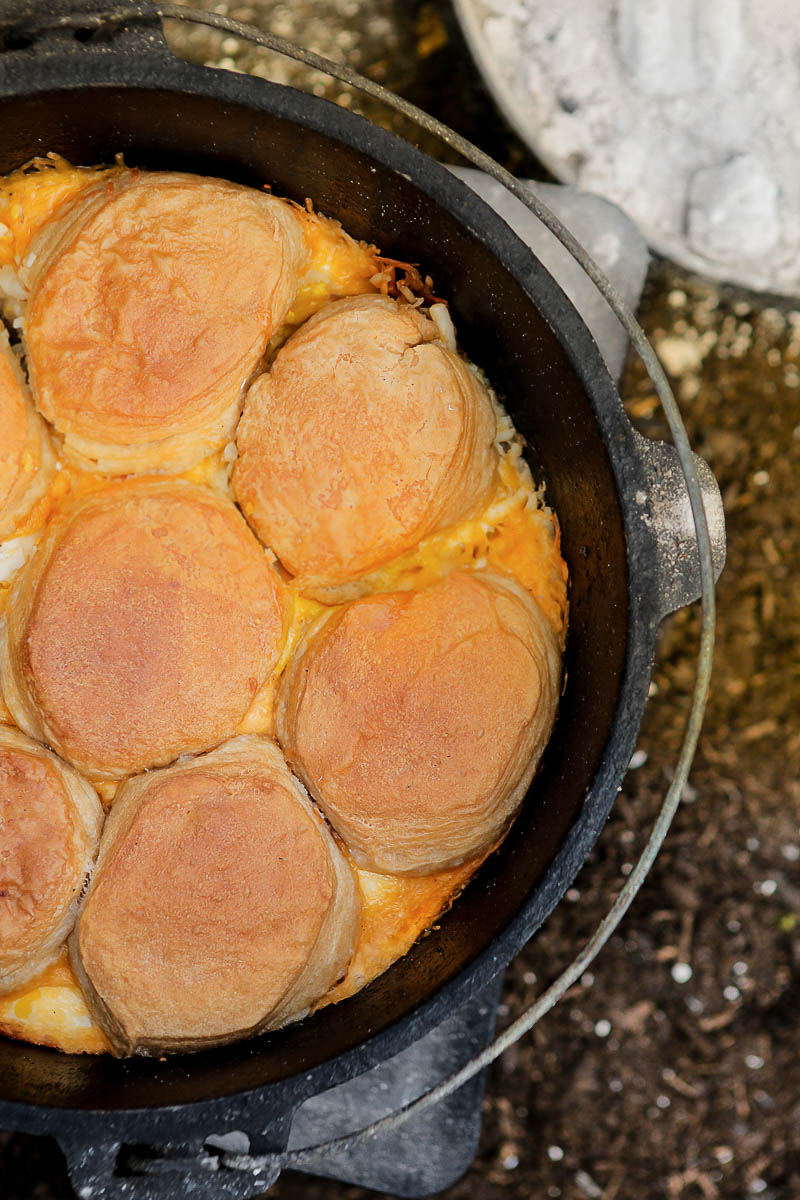 country breakfast cooking in a dutch oven.