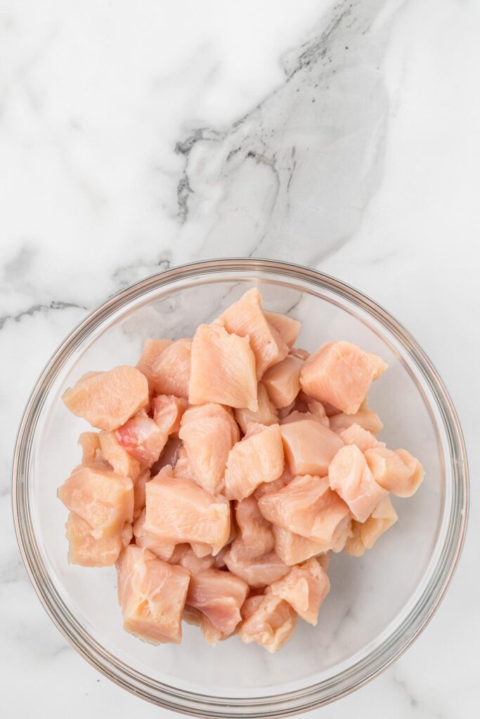 pieces of raw chicken in a bowl.